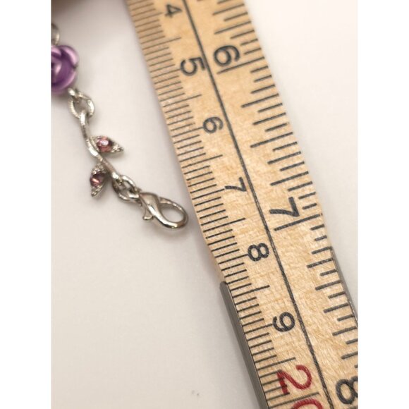 Purple Rose & Crystal Leaf Silver-Tone Bracelet With Lobster Clasp - Picture 6 of 6